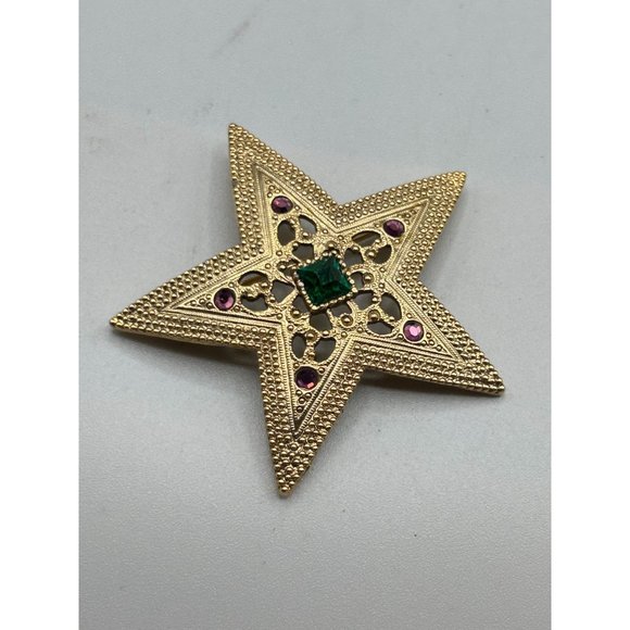 1928 Brand Star Pin Brooch Gold Tone and Jewel Tones Rhinestones Vintage Jewelry - Picture 4 of 6